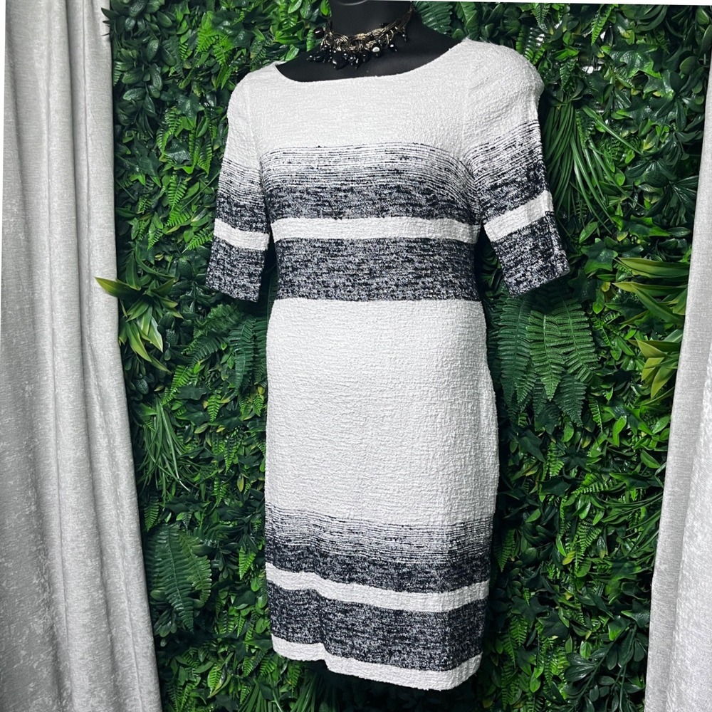 Teri Jon Rickie Freeman Dress 16 Black White Striped Textured Sheath 3190‎